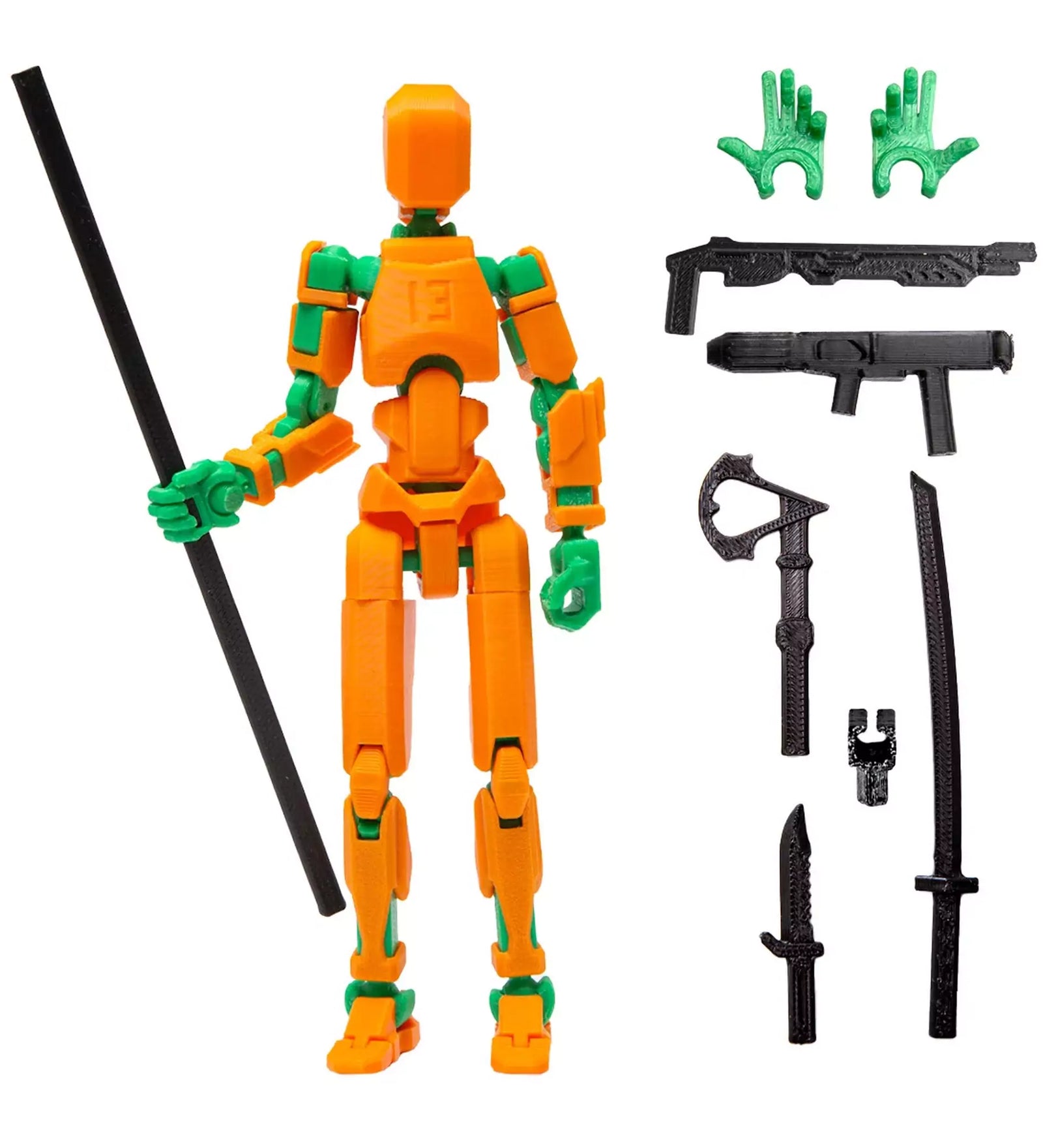 3D Robotfigura R13: Narancssárga-zöld teljes fegyverzettel – A mozgatható robotfigura és tartozékai, beleértve a shotgun-t, kardokat és egyéb fegyvereket.