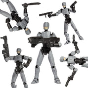 R13 Robocop akciófigura különböző dinamikus pózokban. A képen az R13 robotfigura többféle harci és akciópozícióban látható, különböző fegyverekkel és kiegészítőkkel felszerelve.