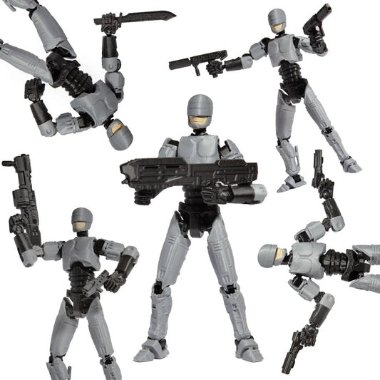 R13 Robocop akciófigura különböző dinamikus pózokban. A képen az R13 robotfigura többféle harci és akciópozícióban látható, különböző fegyverekkel és kiegészítőkkel felszerelve.