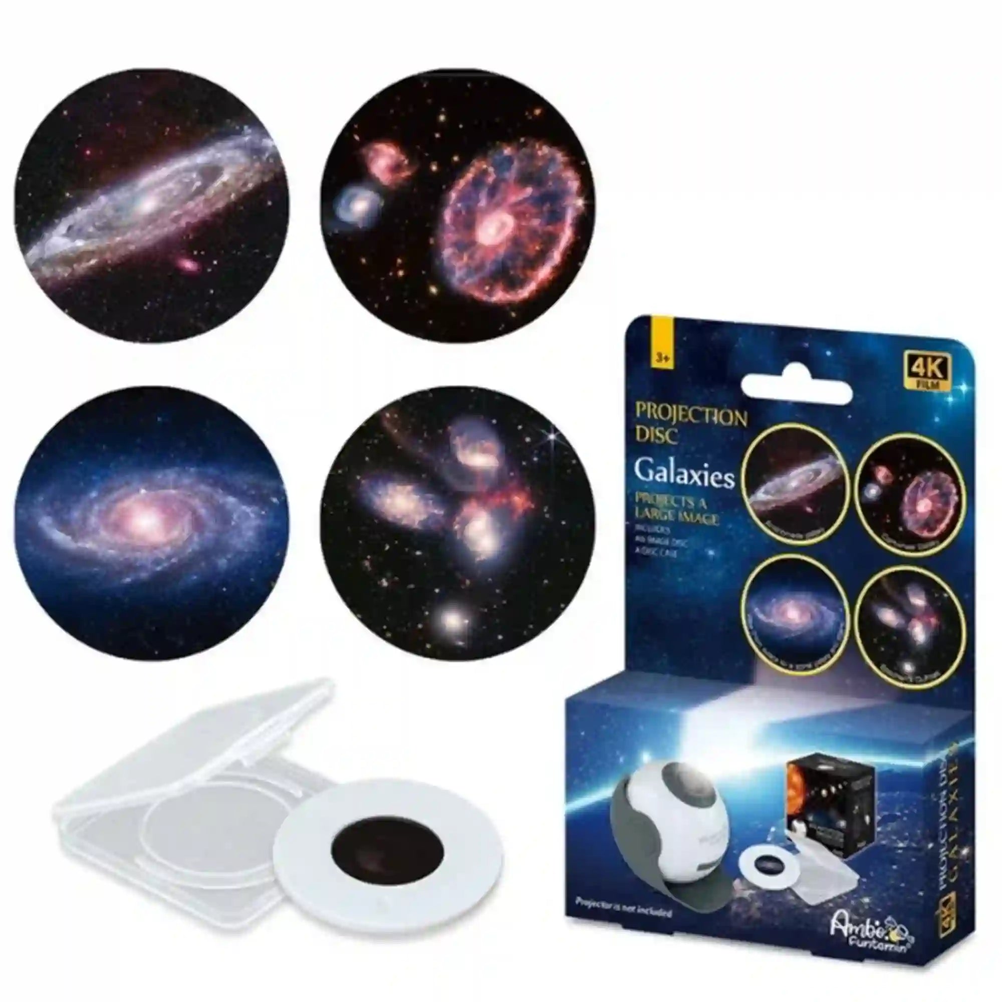 4 darabos vetítőlemez-készlet: Galaxisok – négy kör alakú, színes galaxisfelvétel, fehér vetítőlemez, átlátszó tárolótok és kék, csillagos termékcsomagolás.