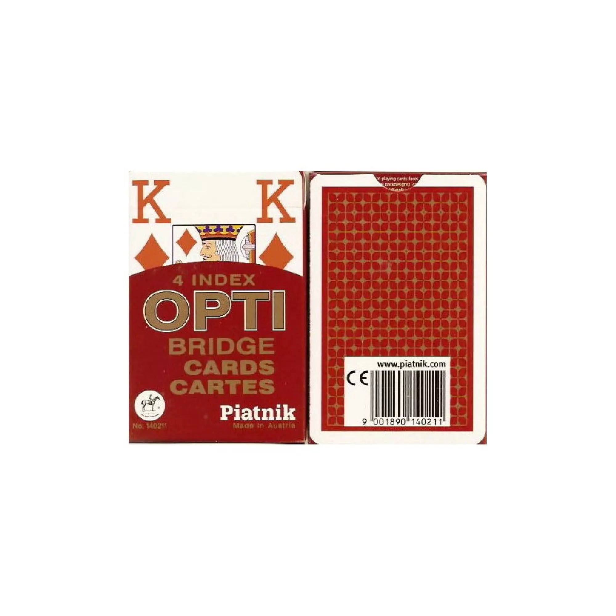 Piatnik Opti Bridge kártyapakli (piros) – a doboz eleje és hátlapja, klasszikus 4 indexű bridzskártyák piros hátlappal, Ausztriában készült.
