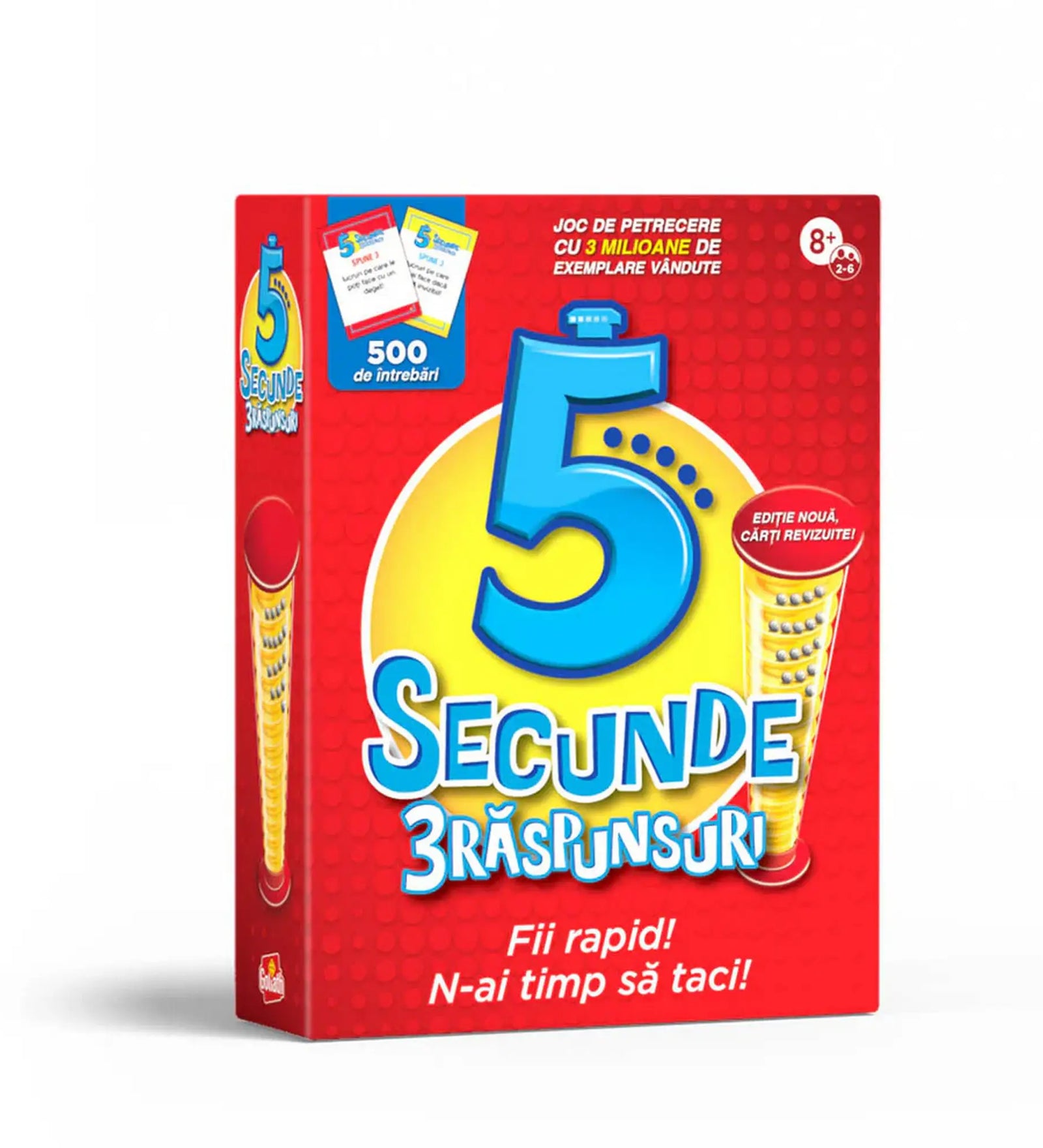 5 Secunde 3 Răspunsuri román nyelvű társasjáték dobozképe, a népszerű gyorsasági partijáték piros csomagolásával, 500 kérdéssel és az ikonikus 5 másodperces időmérővel.