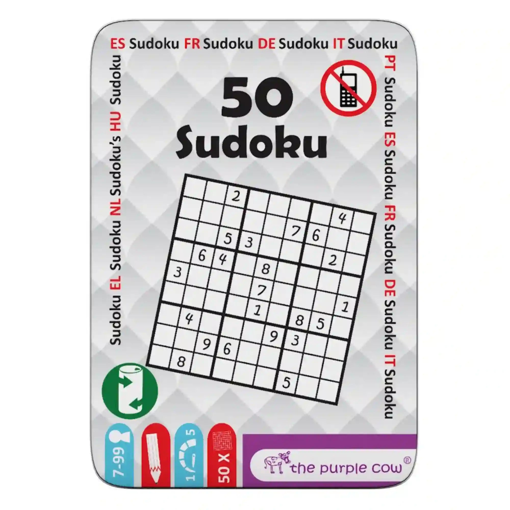 50 de provocari Sudoku többnyelvű logikai játék – lekerekített sarkú, szürke mintás fémdoboz nagy 50 Sudoku felirattal, számos Sudoku-ráccsal és színes jelölésekkel.