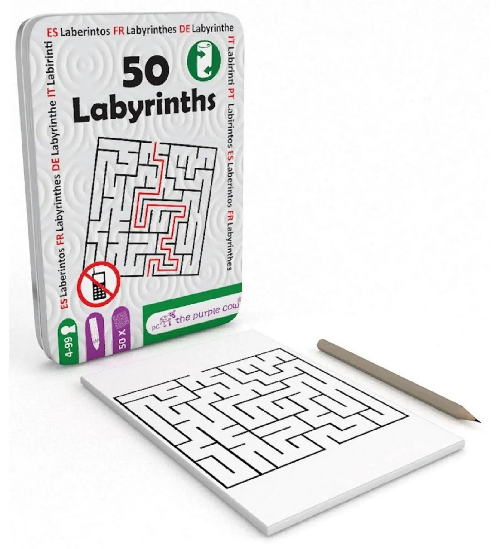 A 50 Labyrinths logikai játék fém doboza kinyitva, előtte egy labirintusos kihíváslap és ceruza, utazáshoz ideális egyjátékos feladvány.