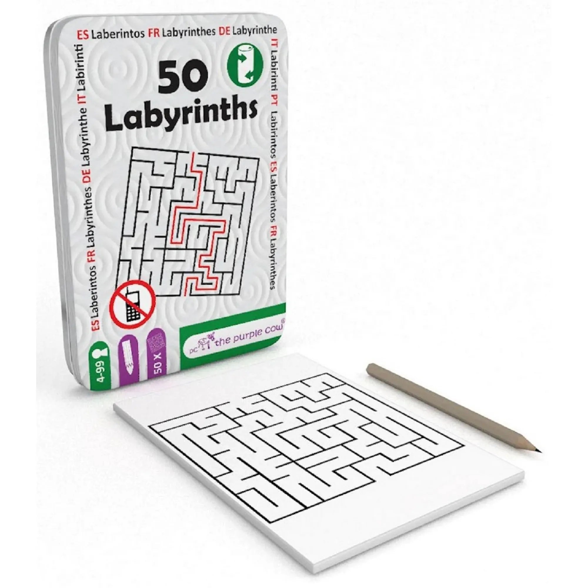 A 50 Labyrinths logikai játék fém doboza kinyitva, előtte egy labirintusos kihíváslap és ceruza, utazáshoz ideális egyjátékos feladvány.