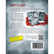 A 50 Clues: White Sleep társasjáték hátoldala, leírással a játékmenetről, figyelmeztetéssel az erőszakos tartalomra és három példakártyával a háttérben.
