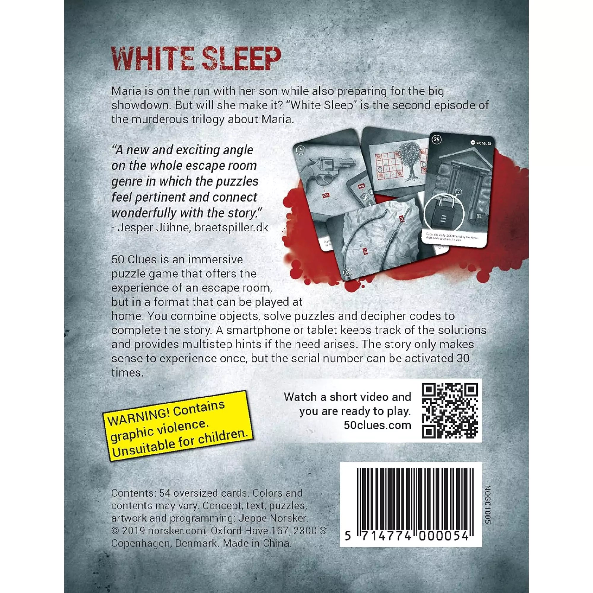 A 50 Clues: White Sleep társasjáték hátoldala, leírással a játékmenetről, figyelmeztetéssel az erőszakos tartalomra és három példakártyával a háttérben.