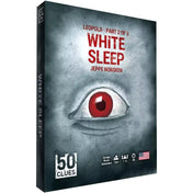 A 50 Clues: White Sleep társasjáték doboza, középpontban egy vörös szemű, félig lehunyt szemmel, sötét, nyomasztó háttérrel – a Leopold trilógia 2. része.