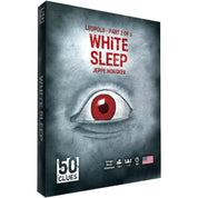 A 50 Clues: White Sleep társasjáték doboza, középpontban egy vörös szemű, félig lehunyt szemmel, sötét, nyomasztó háttérrel – a Leopold trilógia 2. része.