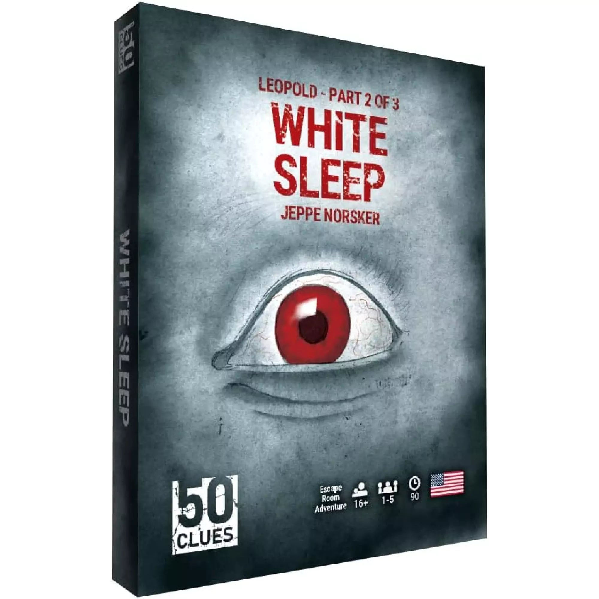 A 50 Clues: White Sleep társasjáték doboza, középpontban egy vörös szemű, félig lehunyt szemmel, sötét, nyomasztó háttérrel – a Leopold trilógia 2. része.