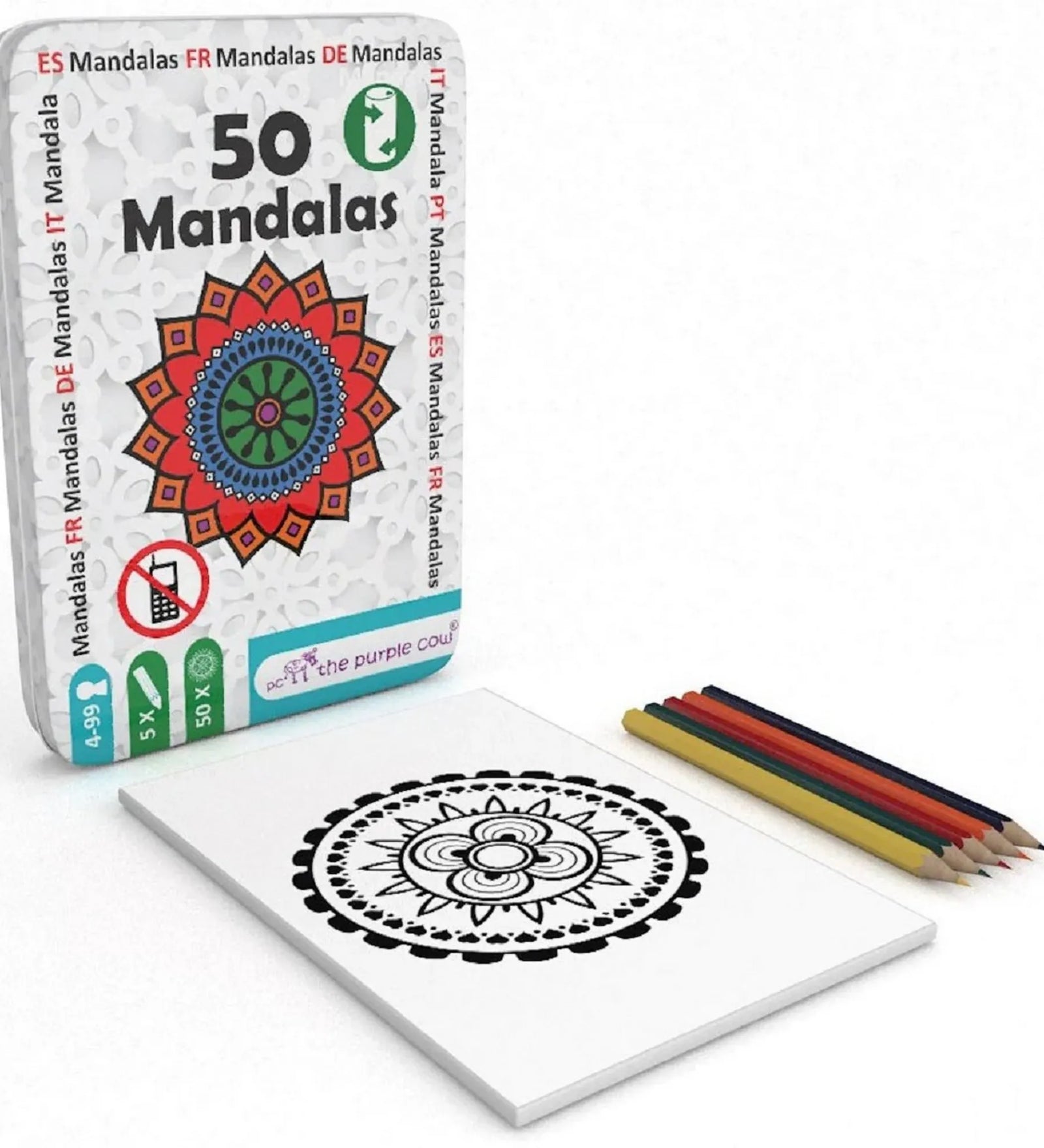 A 50 Mandalas kreatív játék nyitott fém doboza, előtte mandala mintás kihíváslap és öt színes ceruza, nyugtató színezős elfoglaltság gyerekeknek.