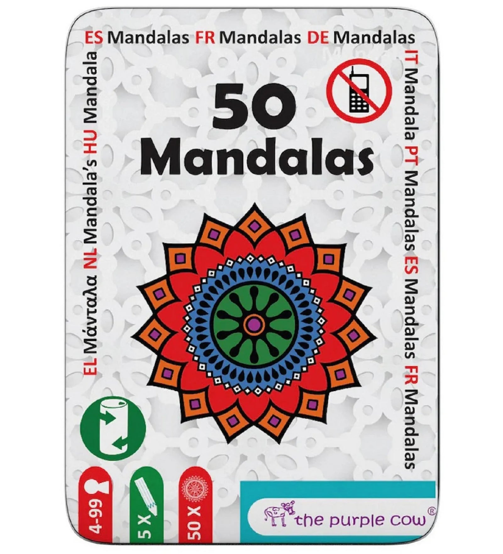 A 50 Mandalas kreatív játék fém dobozának elölnézete, színes mandala mintával, The Purple Cow logóval és utazáshoz ideális csomagolásban.
