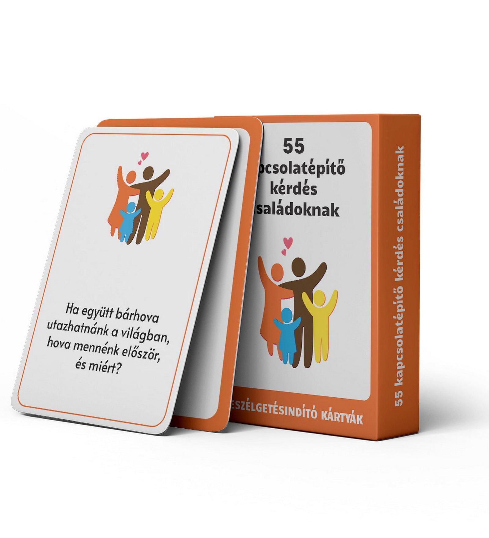 55 kapcsolatépítő kérdés családoknak beszélgetésindító kártyajáték doboza és példakérdés kártyája családi kapcsolatok erősítéséhez.