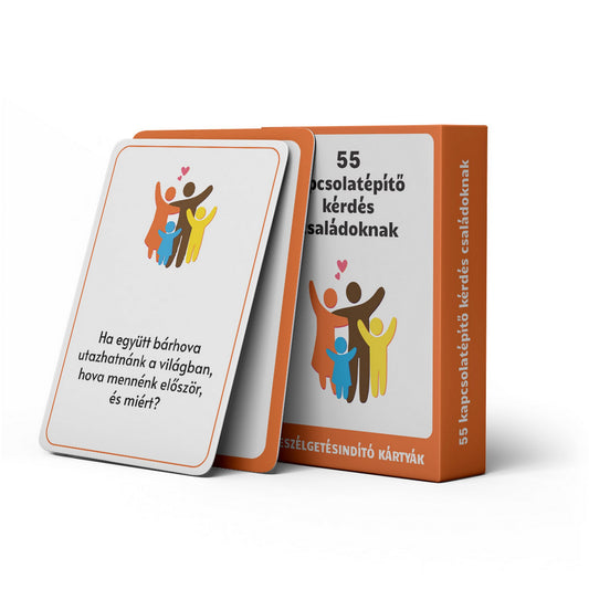 55 kapcsolatépítő kérdés családoknak beszélgetésindító kártyajáték doboza és példakérdés kártyája családi kapcsolatok erősítéséhez.