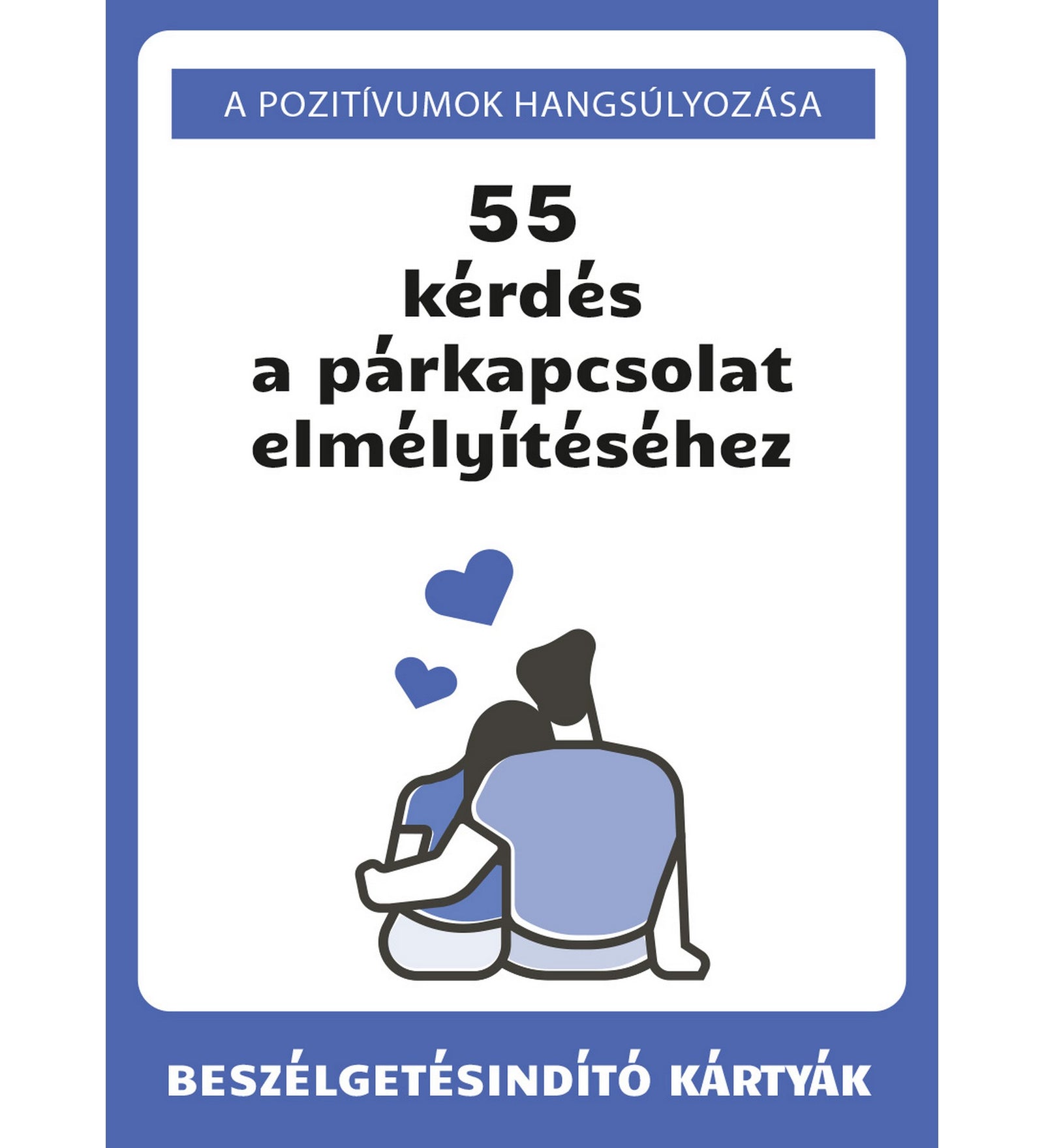 55 kérdés a párkapcsolat elmélyítéséhez beszélgetésindító kártyajáték borítója párkapcsolati kommunikáció fejlesztéséhez.