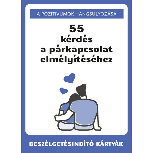 55 kérdés a párkapcsolat elmélyítéséhez beszélgetésindító kártyajáték borítója párkapcsolati kommunikáció fejlesztéséhez.