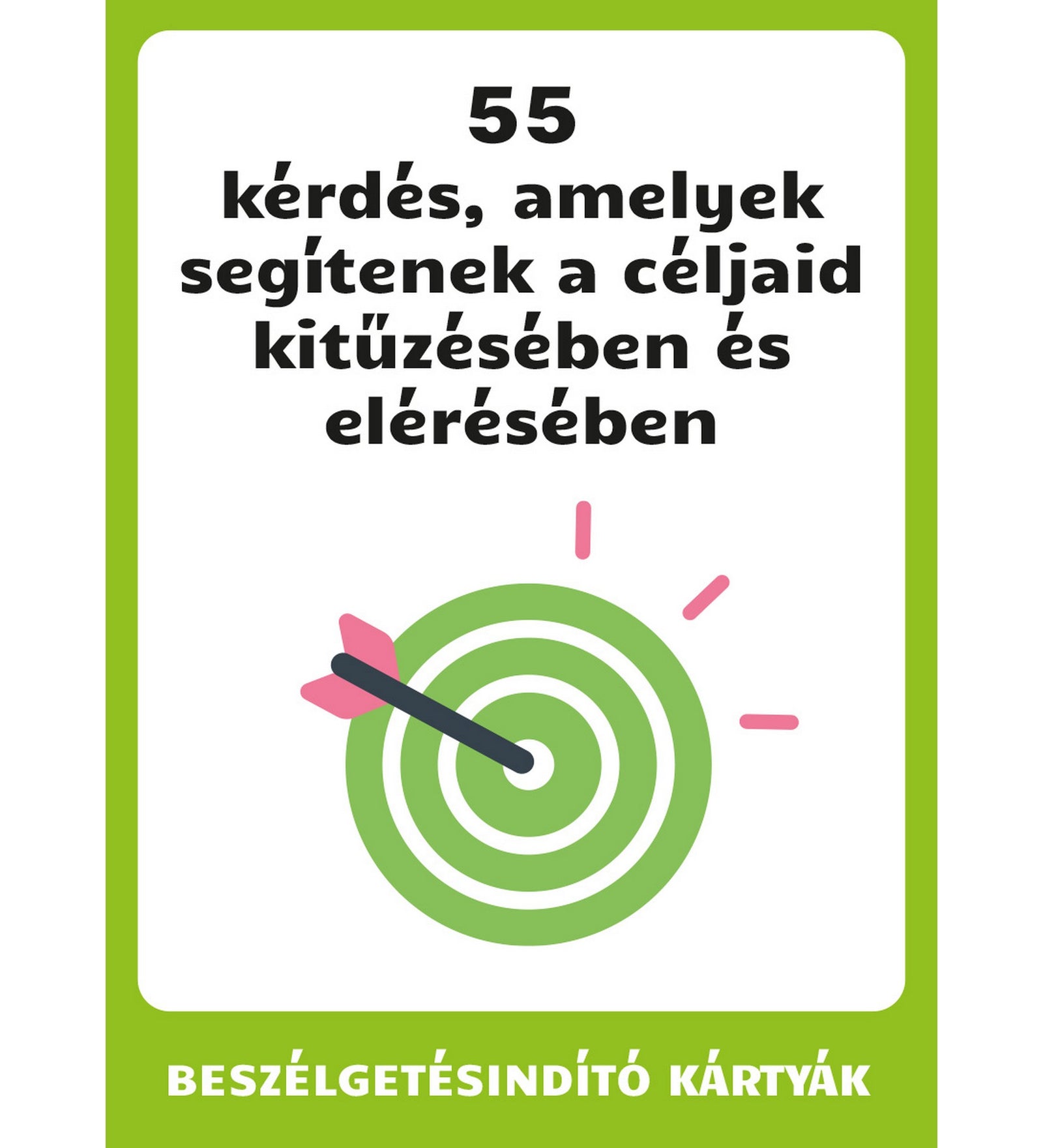 55 kérdés, amelyek segítenek a céljaid kitűzésében és elérésében beszélgetésindító kártyák borítója céltudatos gondolkodáshoz.