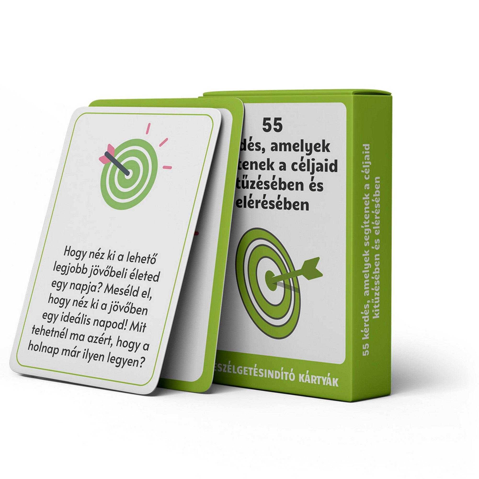 55 kérdés, amelyek segítenek a céljaid kitűzésében és elérésében beszélgetésindító kártyajáték doboza és példakérdés kártyája.