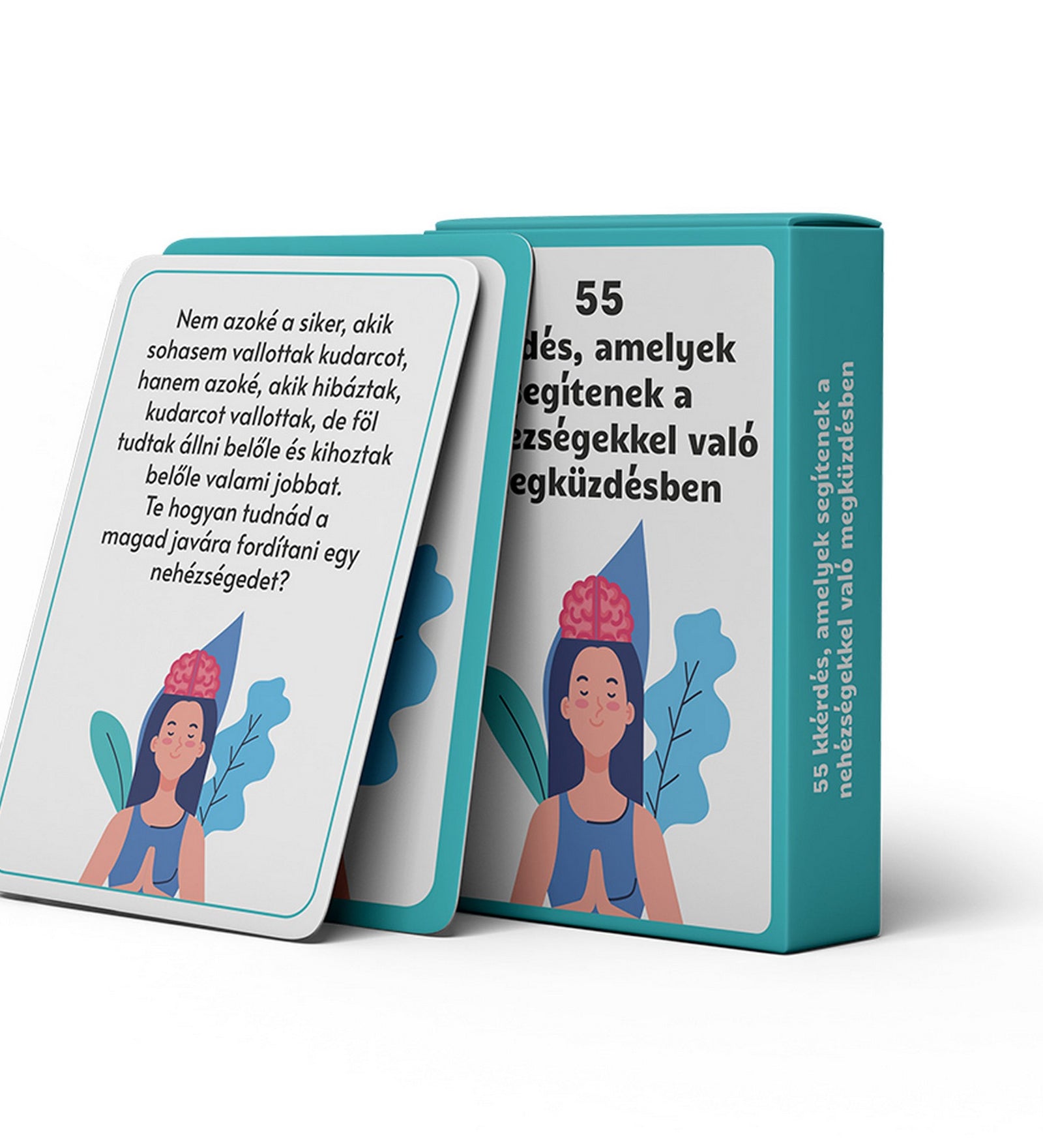 55 kérdés, amelyek segítenek a nehézségekkel való megküzdésben beszélgetésindító kártyajáték doboza és motiváló kérdéskártyája.