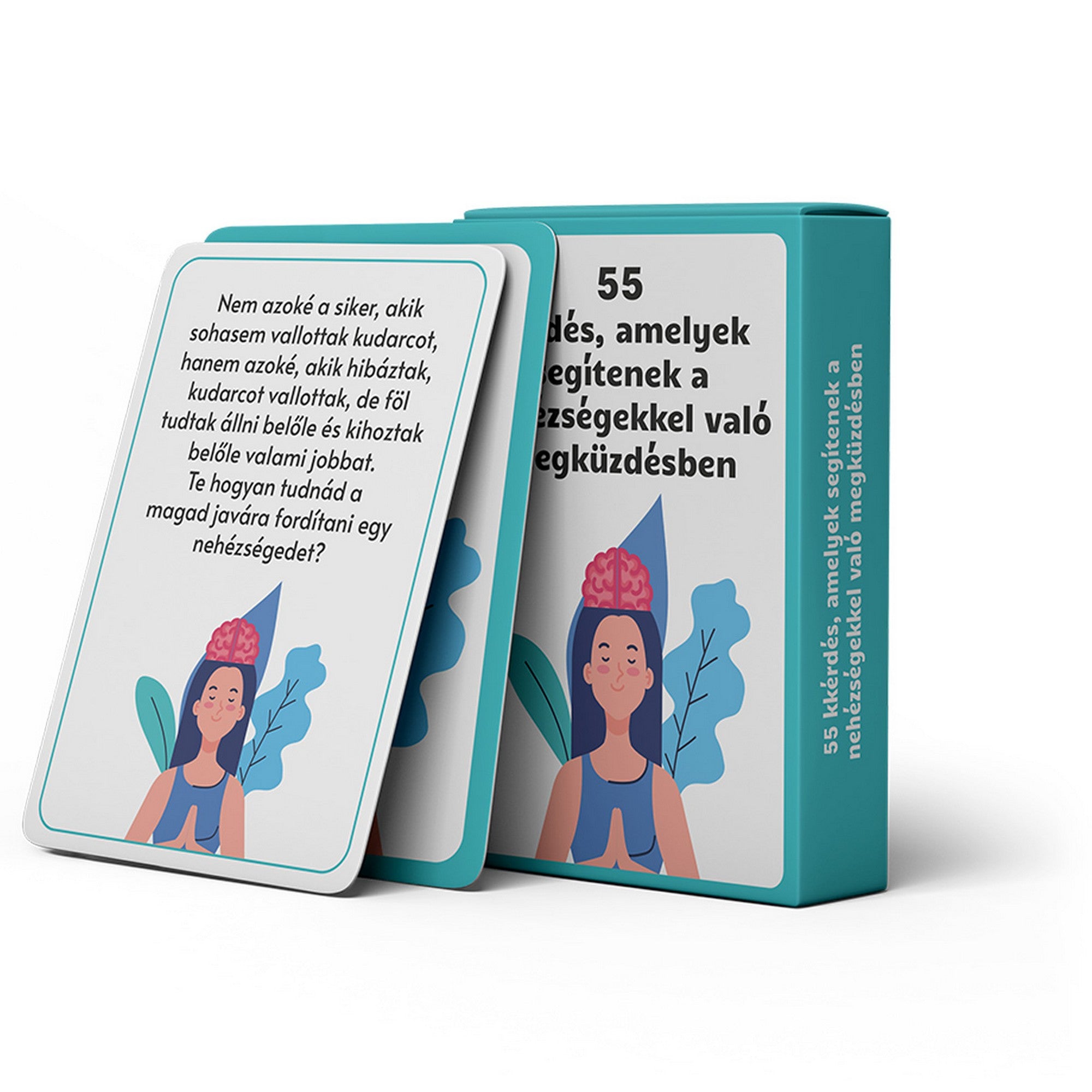 55 kérdés, amelyek segítenek a nehézségekkel való megküzdésben beszélgetésindító kártyajáték doboza és motiváló kérdéskártyája.