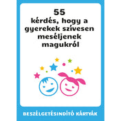 55 kérdés, hogy a gyerekek szívesen meséljenek magukról beszélgetésindító kártyák borítója gyerekeknek.