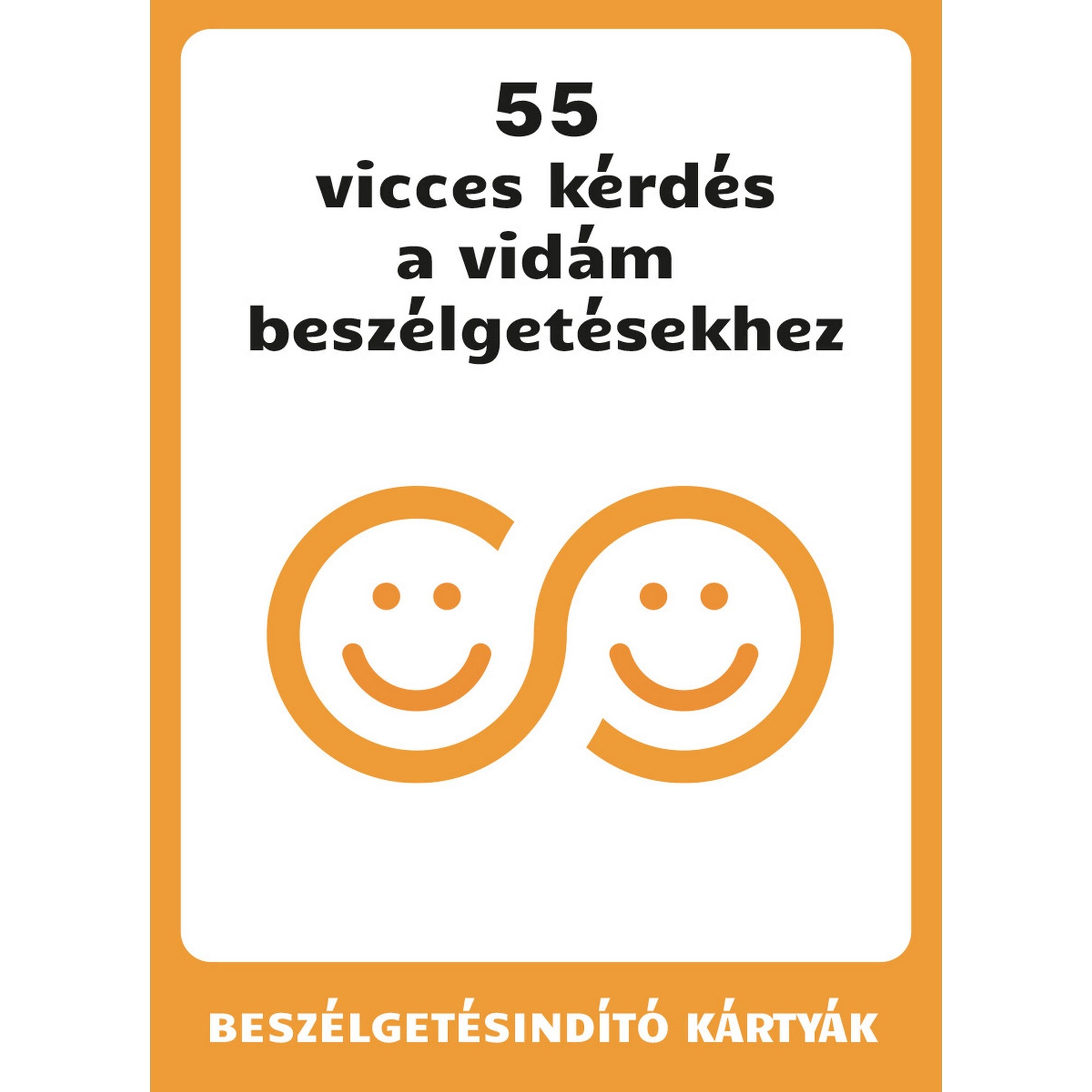 55 vicces kérdés a vidám beszélgetésekhez beszélgetésindító kártyák borítója humoros kérdésekkel.
