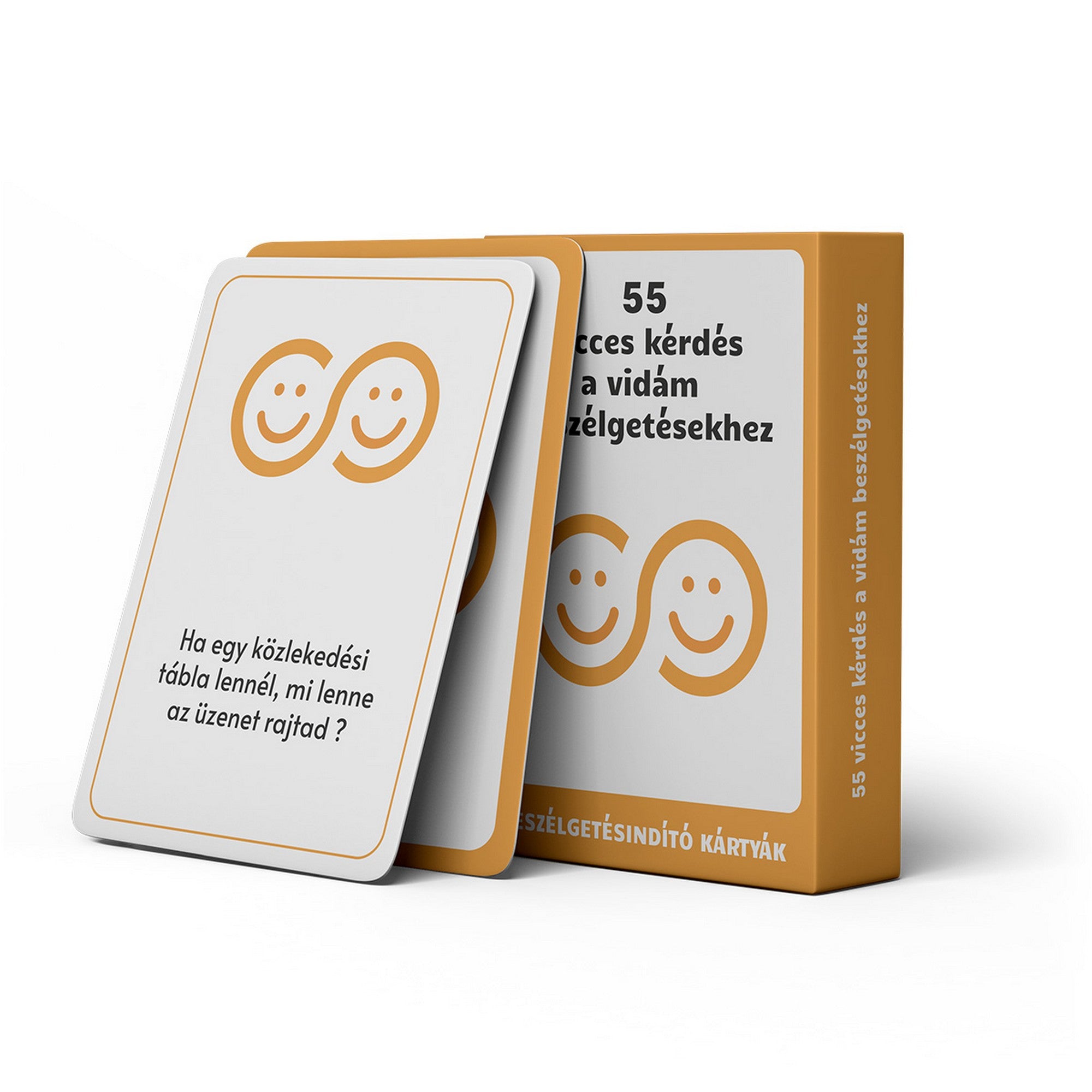 55 vicces kérdés a vidám beszélgetésekhez beszélgetésindító kártyajáték doboza és példakérdés kártyája vidám beszélgetésekhez.