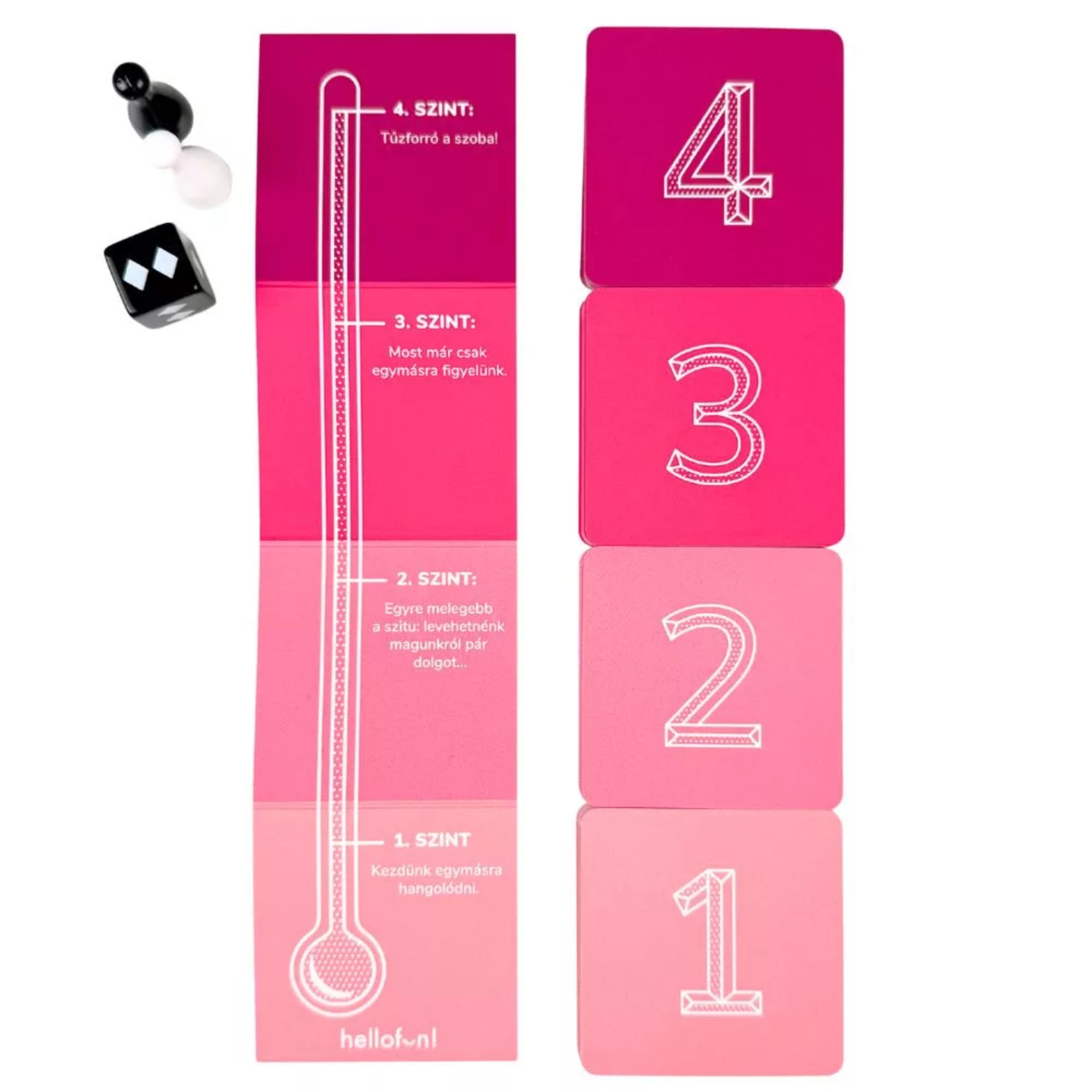 69 – Páratlan játék pároknak társasjáték asztalkép, rózsaszín számozott kártyák, fekete és fehér bábuk, dobókocka és intim feladatkártyák játék közben.