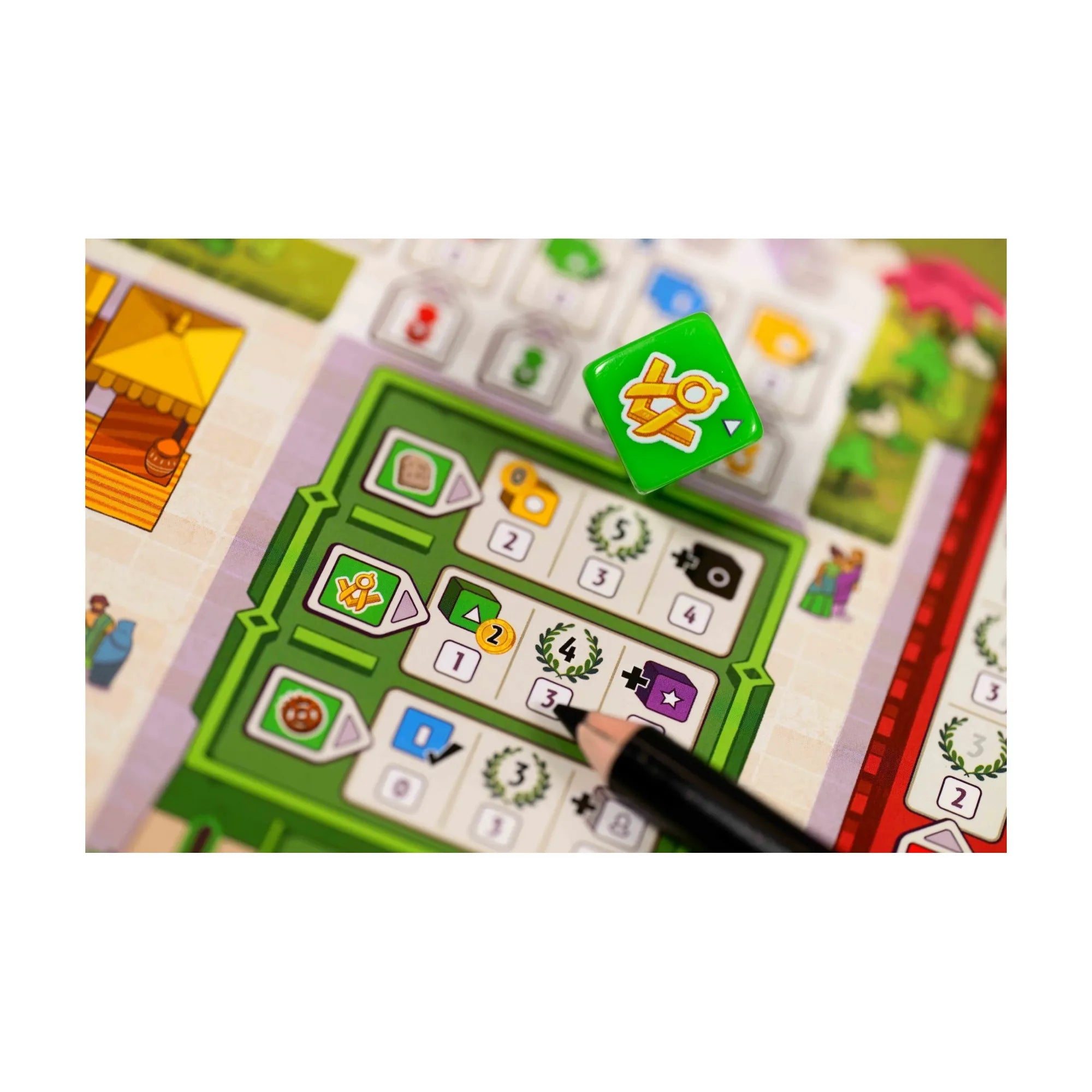 7 Csoda: Kockajáték – zöld tudománykocka a játékoslap fölött, amelyre ceruzával jegyeznek fel akciókat.