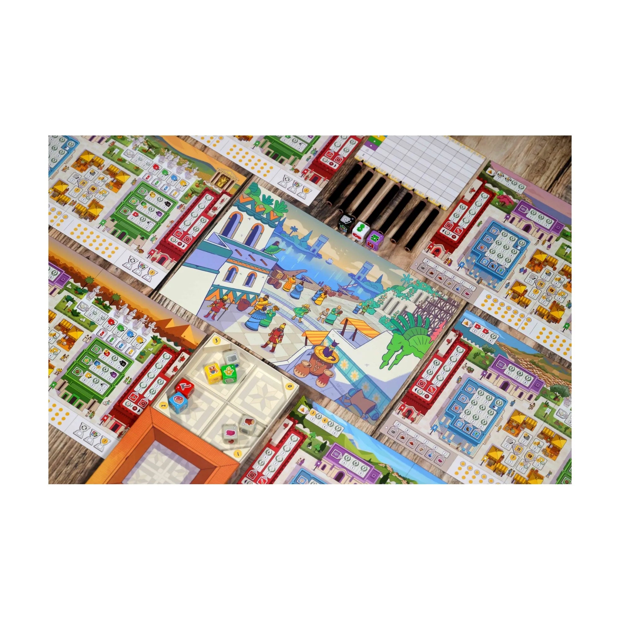 7 Csoda: Kockajáték társasjáték – a játékmezők, dobókockák és játékoslapok színes, részletes elrendezése felülnézetből.