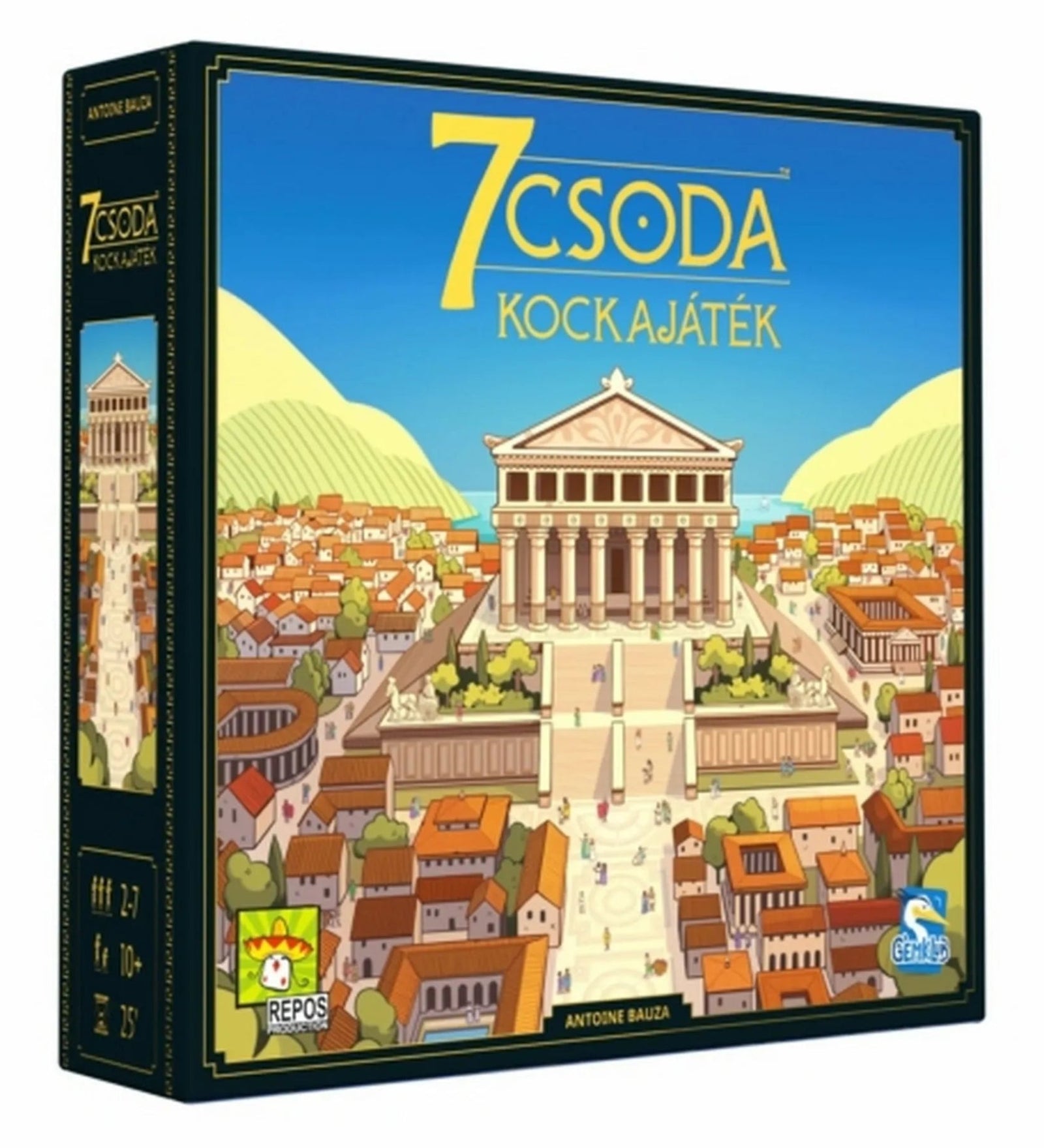 7 Csoda: Kockajáték – a doboz előlapja az ókori város látképével és a monumentális templom épületével.
