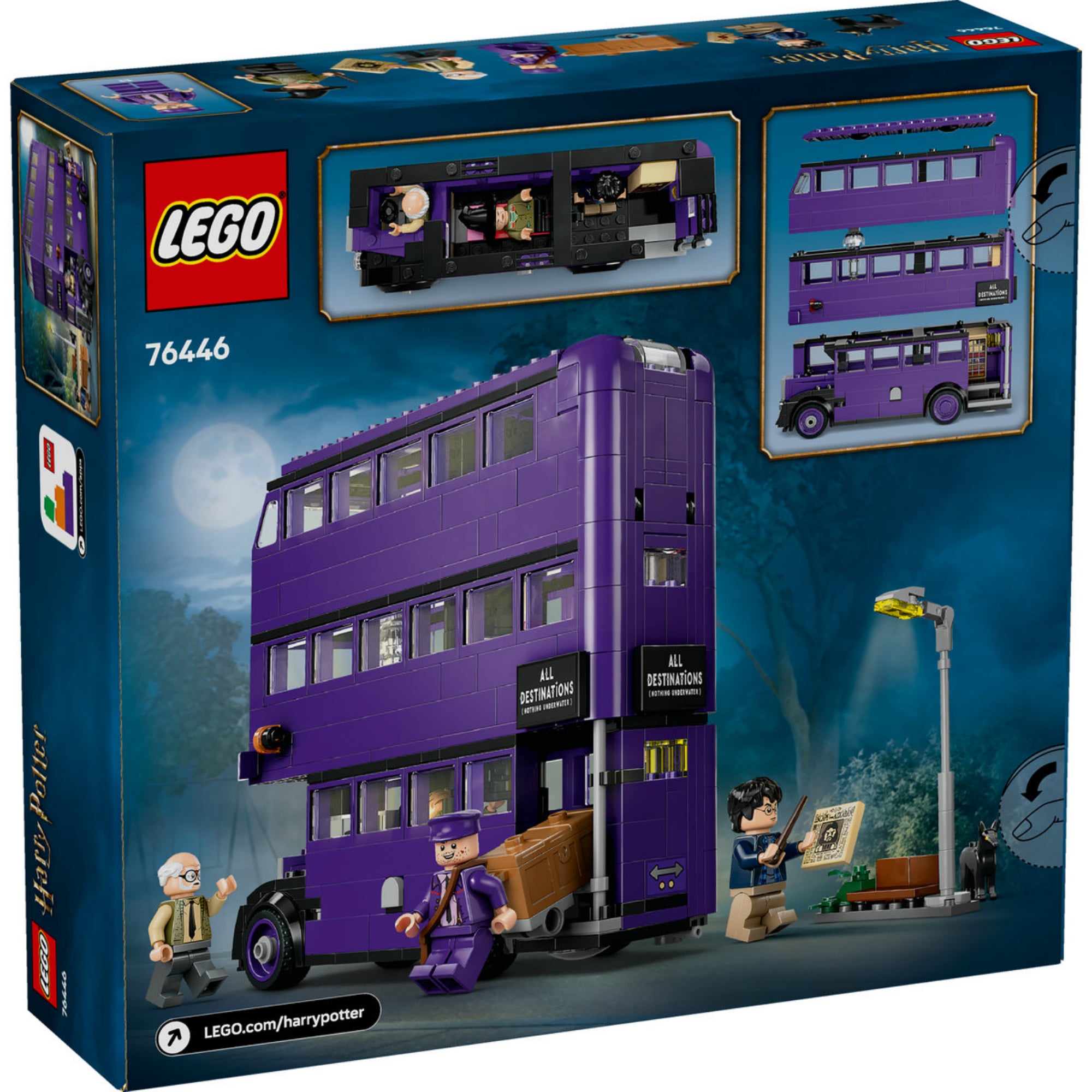 A LEGO® Harry Potter™ (76446) szett dobozának hátoldala, amely bemutatja a busz nyitható emeleteit, a belső részleteket, valamint a kiegészítő jeleneteket, például a lámpaoszlopot és Harry bőröndjét.