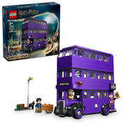 A LEGO® Harry Potter™ Kóbor Grimbusz™ készlet teljes tartalma, beleértve a háromemeletes buszt, a minifigurákat, a lámpaoszlopot és az egyéb kiegészítőket.
