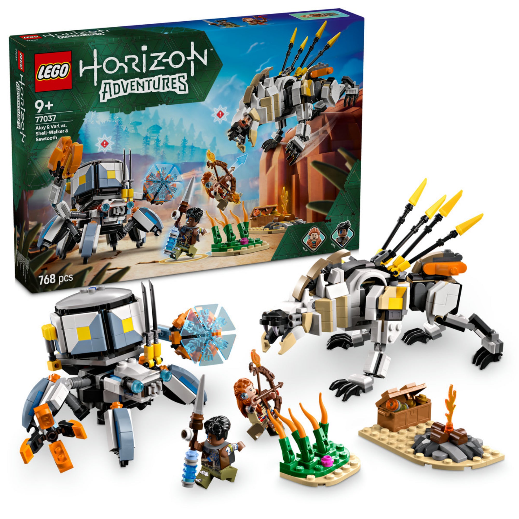 LEGO® Horizon Adventures™ Aloy és Varl harca a Páncéljáró és a Fűrészfog ellen (77037) szett két minifigurával, gépszörnyekkel és sivatagi témájú kiegészítőkkel.