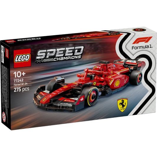 A LEGO Speed Champions Ferrari SF-24 (77242) készlet látványos doboza, amelyen az autó nagy sebességgel halad a versenypályán.