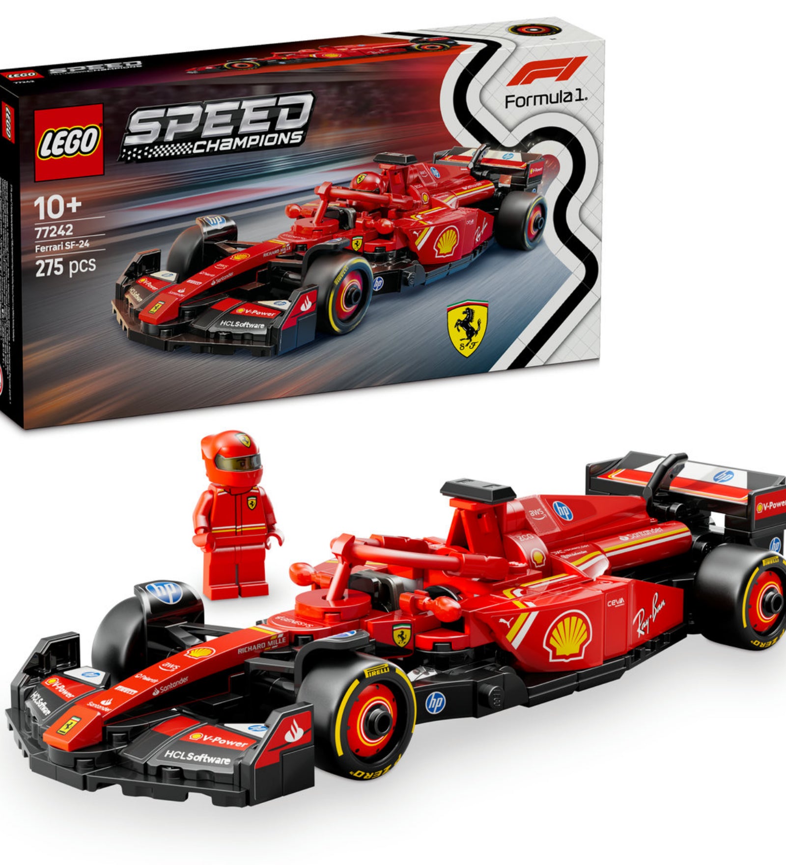 A LEGO Speed Champions Ferrari SF-24 F1 versenyautó készlet doboza, előtérben az összerakott autómodell és a piros Ferrari versenyző minifigura.