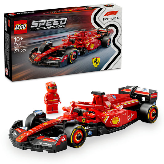 A LEGO Speed Champions Ferrari SF-24 F1 versenyautó készlet doboza, előtérben az összerakott autómodell és a piros Ferrari versenyző minifigura.