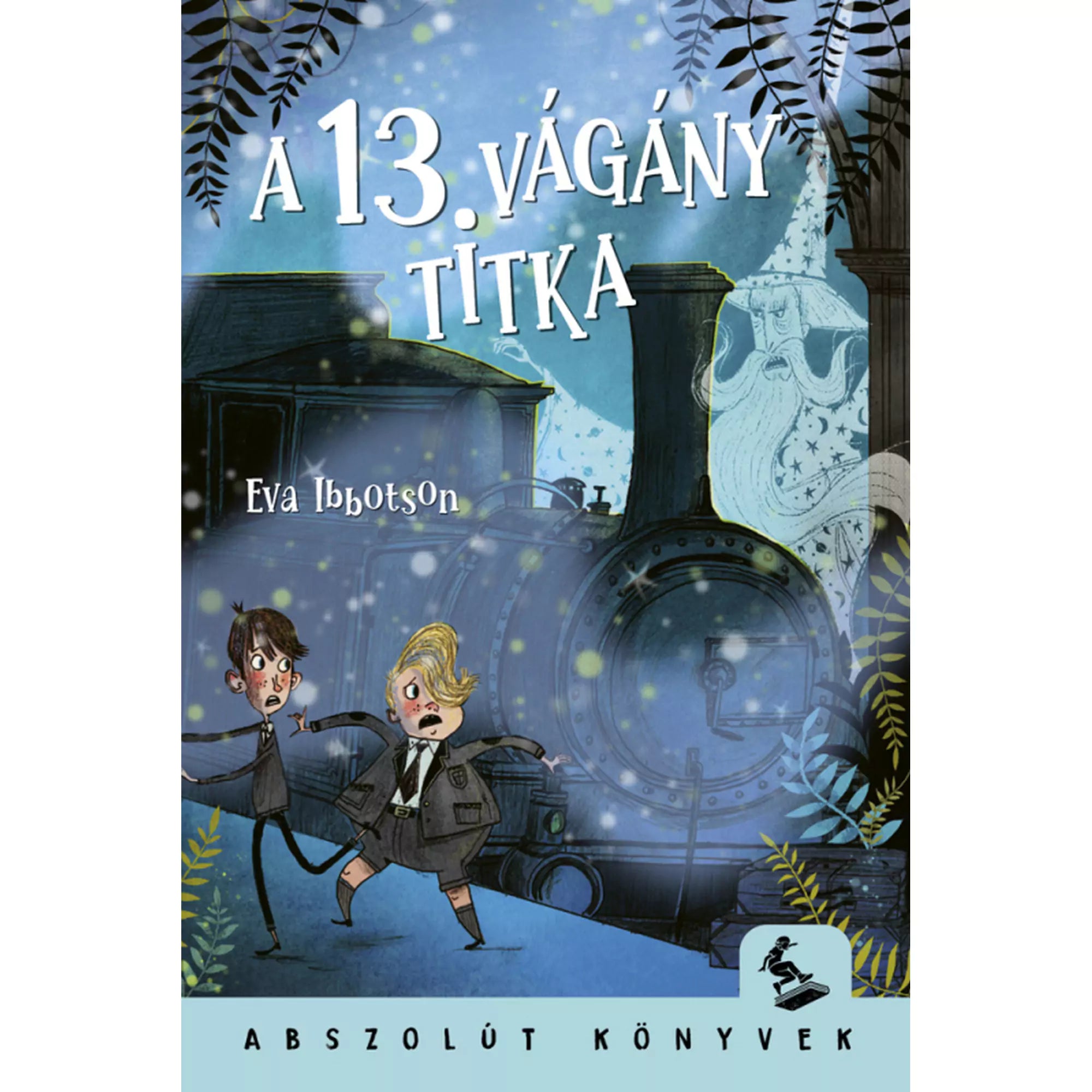 „A 13. vágány titka” című könyv borítója, amelyen két diák menekül egy sötét, füstölgő gőzmozdony elől, misztikus háttérrel és kékes színvilággal.
