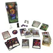 A Gyűrűk Ura: A két torony kooperatív kártyajáték doboza és teljes játéktartalma kiterítve, hőskártyákkal, eseménylapokkal és pontjelzőkkel.