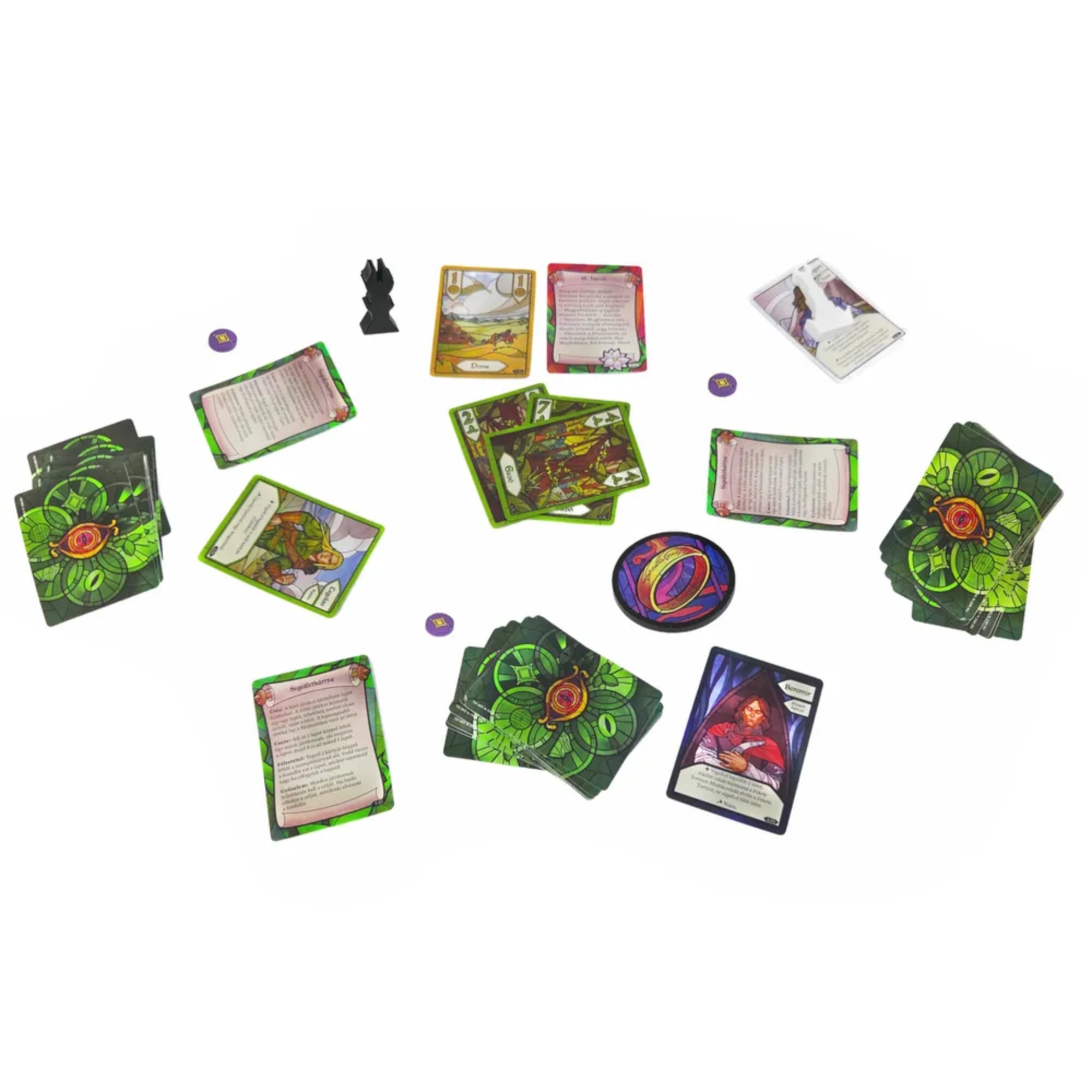 A Gyűrűk Ura: A két torony kooperatív kártyajáték játék közbeni elrendezése, paklikkal, karakterkártyákkal, gyűrűkoronggal és torony figurával.