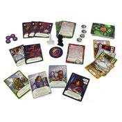 A Gyűrűk Ura: A két torony kooperatív kártyajáték tartalma – karakterkártyák (Aragorn, Gimli, Boromir, Legolas), ellenségkártyák, gyűrűjelző, figurák és zsetonok.