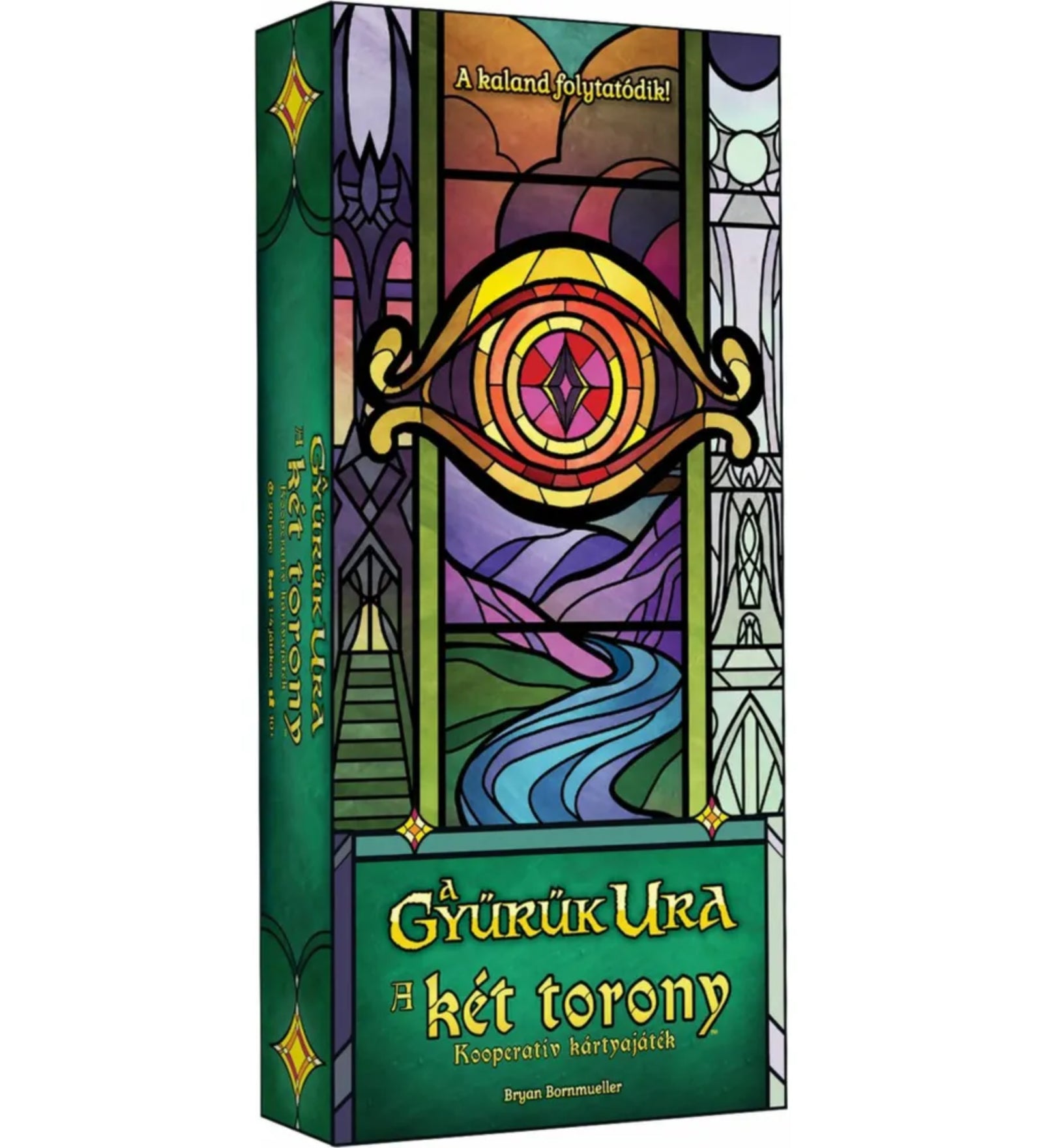 A Gyűrűk Ura: A két torony kooperatív kártyajáték doboza, zöld alapon stilizált, ólomüveg hatású grafikával és a mindent látó szem motívummal.