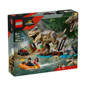 A LEGO Jurassic World T. rex River Escape (76975) doboza elölről, a T. rex, a piros quad és a két minifigura akciójelenetével. 