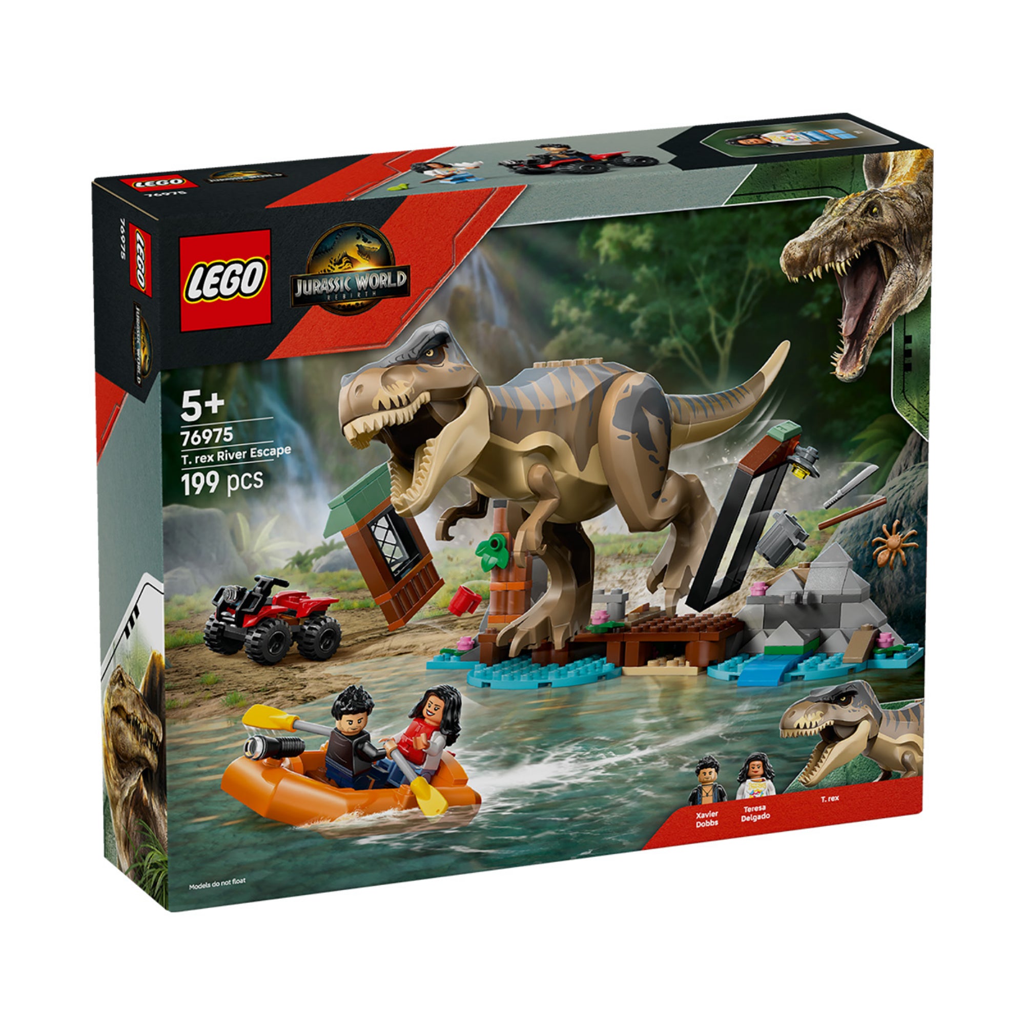 A LEGO Jurassic World T. rex River Escape (76975) doboza elölről, a T. rex, a piros quad és a két minifigura akciójelenetével. 