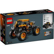 A LEGO Technic Monster Jam™ DIGatron™ (42199) dobozának hátoldala, amely részletesen bemutatja a jármű jellemzőit és funkcióit.