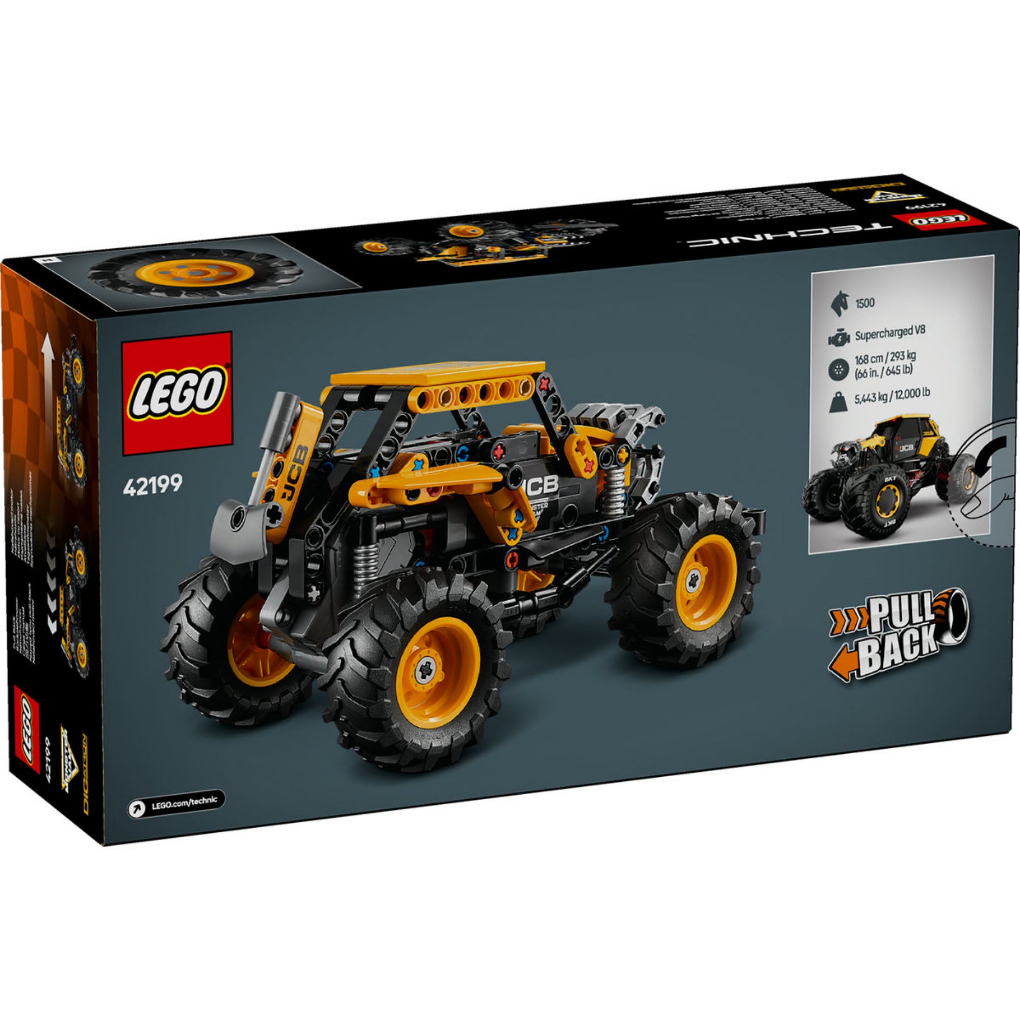 A LEGO Technic Monster Jam™ DIGatron™ (42199) dobozának hátoldala, amely részletesen bemutatja a jármű jellemzőit és funkcióit.