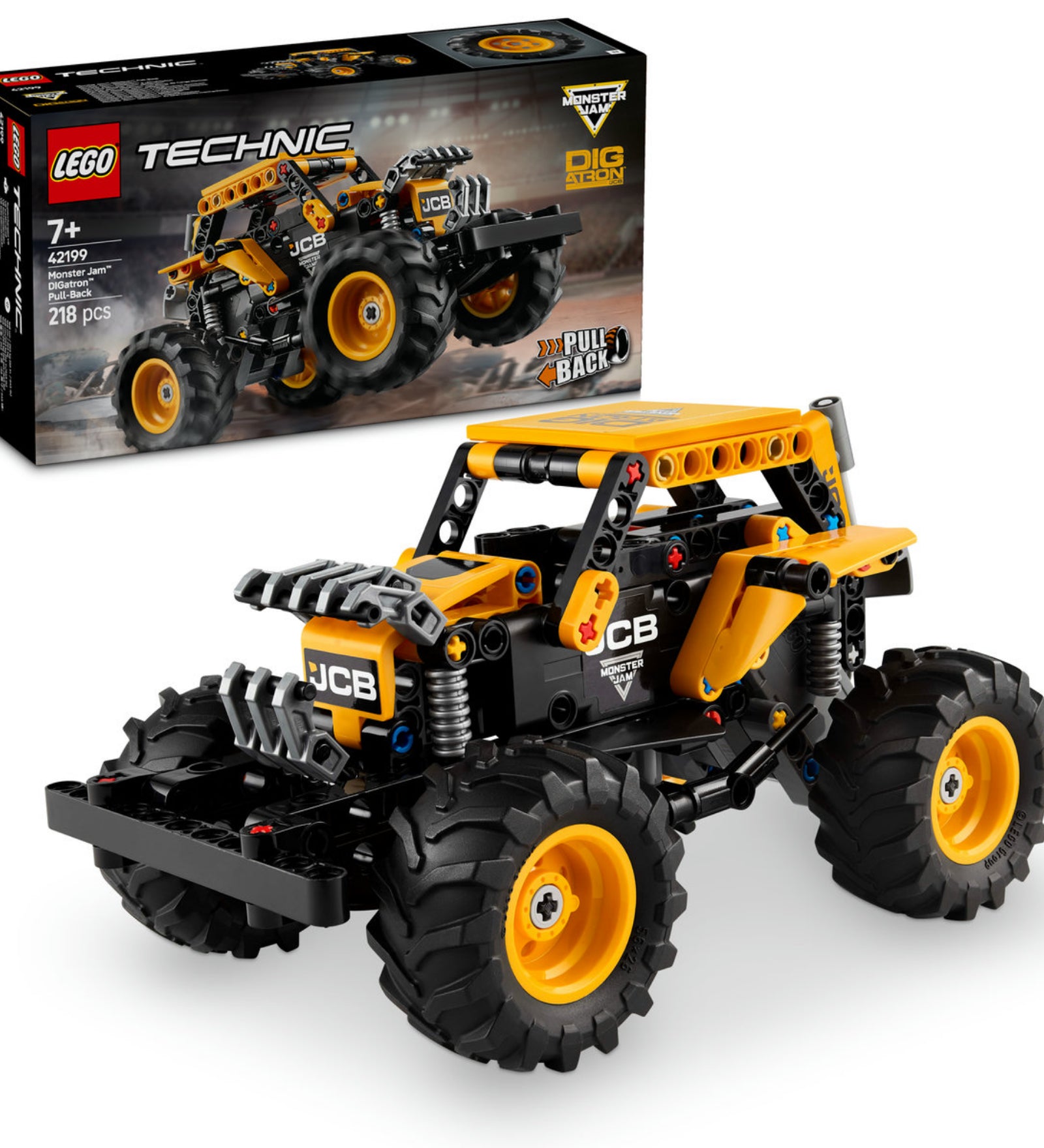A megépített LEGO Technic Monster Jam™ DIGatron™ modell, kiemelve az autentikus dizájnt és a hatalmas gumiabroncsokat.