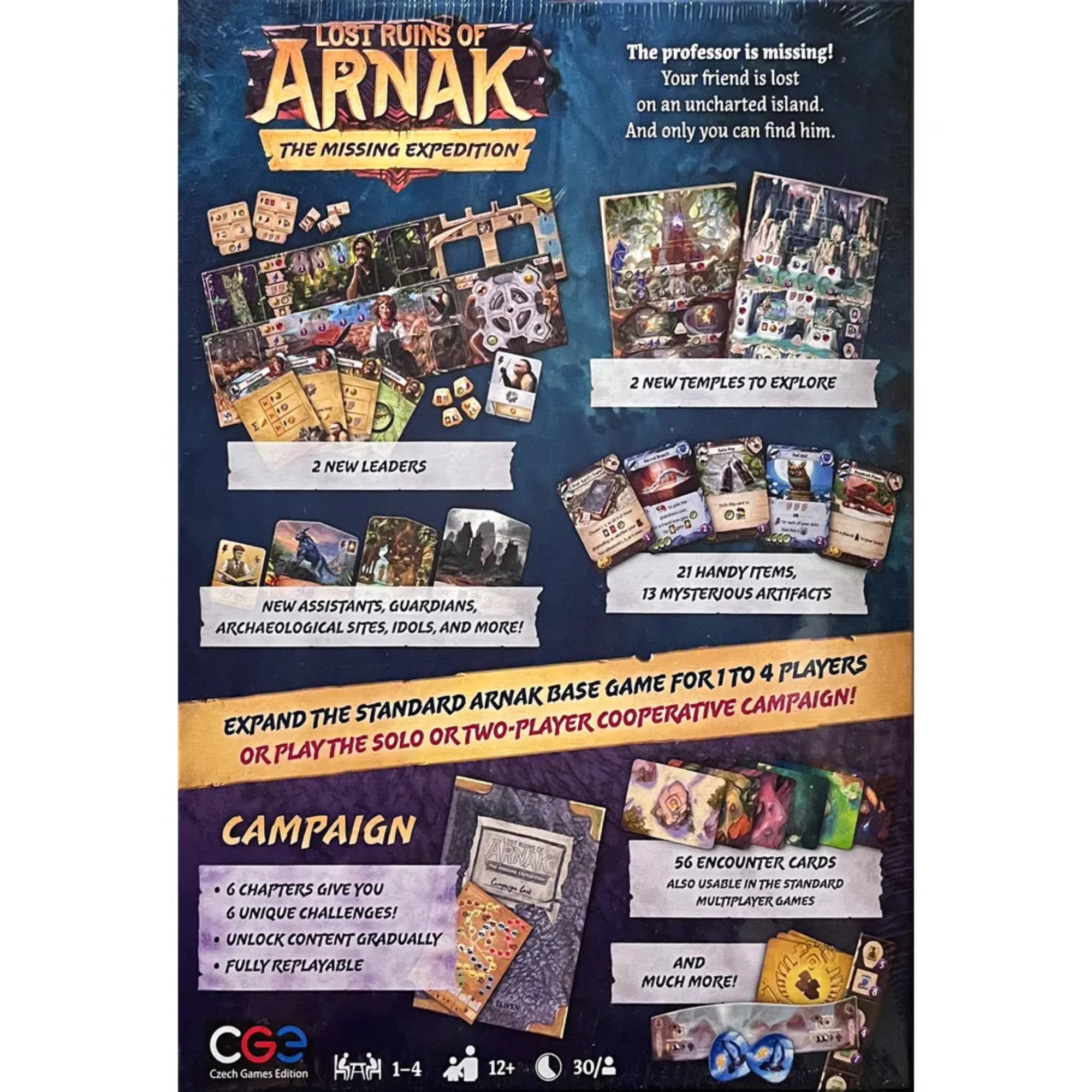 A Lost Ruins of Arnak: The Missing Expedition kiegészítő hátoldala, új vezetőkkel, templomokkal, tárgy- és ereklyekártyákkal.