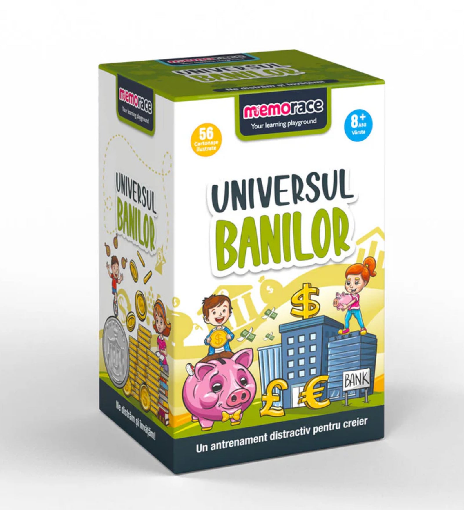 A Memorace – Universul banilor társasjáték doboza közelről, színes grafikával, gyerekekkel és pénzügyi szimbólumokkal illusztrálva.