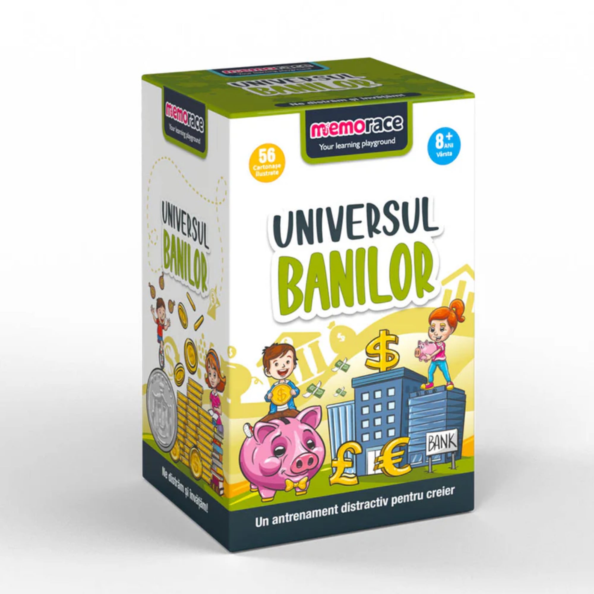 A Memorace – Universul banilor társasjáték doboza közelről, színes grafikával, gyerekekkel és pénzügyi szimbólumokkal illusztrálva.